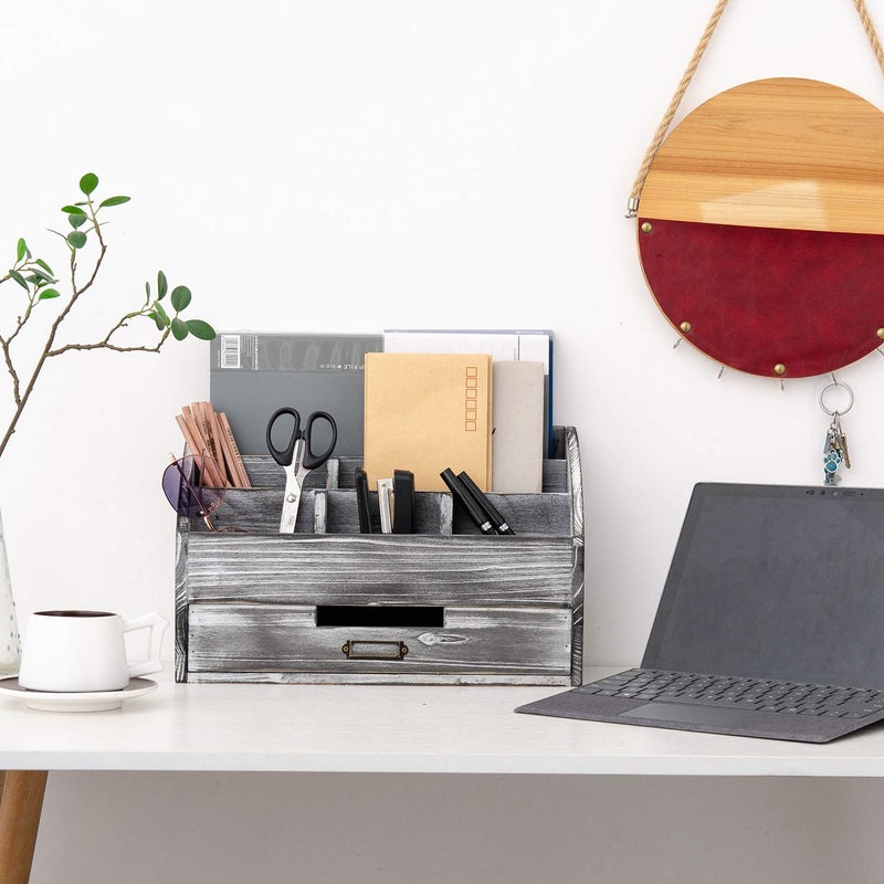 canwedance Distressed Rustic Wooden Office Desk Organizer 5 Compartment with 2 Drawer &Counter Desk Tabletop Desktop Mail Rack, Pens, Notebooks, Folders, Pencils and Office Supplies (grey) - Image 5